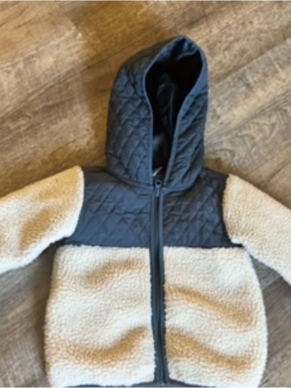 Kids Sherpa & Quilted Hooded Jacket - Cream and Dark Gray 3t